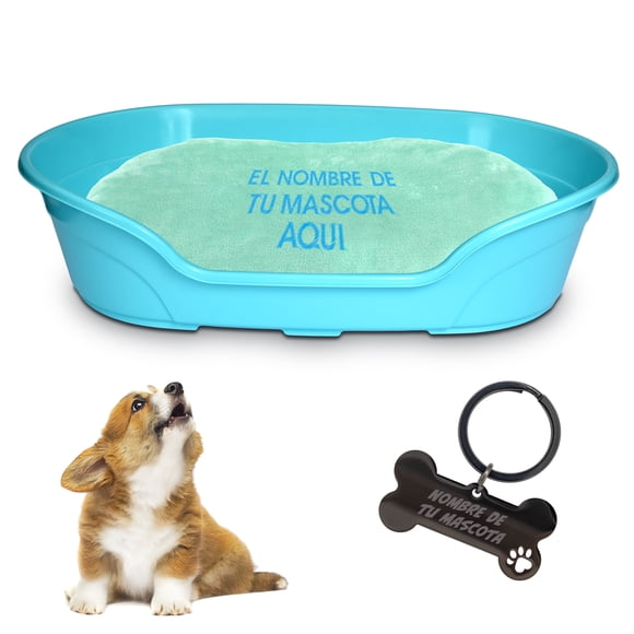 KE WOOW Cama Chica modelo premium para Perro, Gato, Conejo y otras Mascotas, Cesta de Plástico, Incluye Colchón Doble Cara con funda, lavable y Placa de Identificacion Personalizados, Color Verde