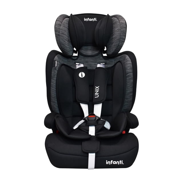 autoasiento infanti unix grupo 1, 2, 3 convertible a booster gris en vista frontal centrada; respaldo desmontable que permite usarlo como booster, arnés de 5 puntos con hebillas visibles, cabecera ajustable y soporte lumbar desmontable, acolchado gris y negro y logo Infanti en respaldo y base, y suele usarse como asiento de refuerzo temporal para viajes familiares.