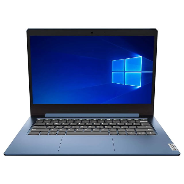 laptop lenovo ideapad 1 14igl05:procesador intel pentium silver n5030 lenovo 81vu000jus portátil negro de 14" vista frontal abierta con pantalla encendida y teclado compacto; carcasa delgada y portátil ligero para viajar (peso de 1.4 kg) y batería hasta 8 horas, ideal para trabajo remoto y uso en tránsito.