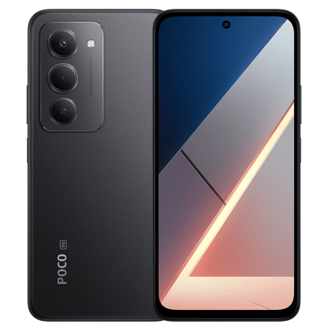 smartphone poco m8s 5g 6.9" fhd+ 144hz procesador snapdragon 6s gen 3 batería 7000mah android 15 - negro vista centrada frontal y trasera. Pantalla de 6.9" FHD+ con orificio de cámara frontal; trasera negra mate con módulo vertical de tres lentes, flash y logotipo POCO. Destacan la tasa de refresco 144Hz, cámara principal 50MP y batería 7000mAh; también suele utilizarse como dispositivo principal para streaming y juegos móviles.