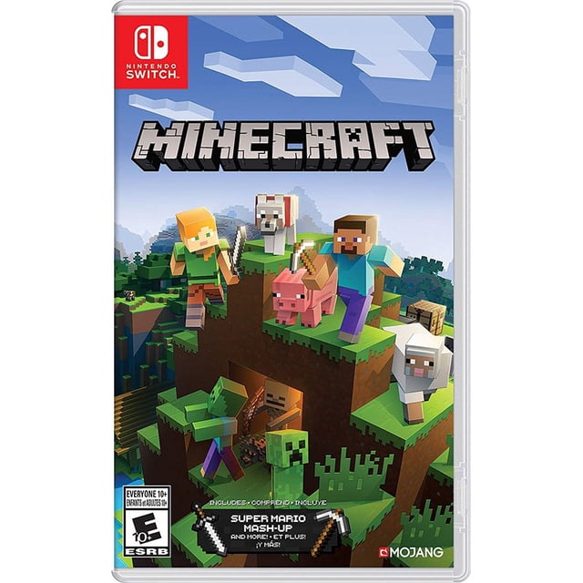 sw minecraft nintendo switch swminecraft juego físico para Nintendo Switch con portada frontal centrada. Título MINECRAFT en la parte superior, personajes pixelados Alex y Steve con un cerdo, oveja y lobo sobre bloques de hierba y tierra, cielo azul con nubes angulares, logotipo rojo de Nintendo Switch en la esquina superior izquierda y banda inferior que anuncia el paquete 'Super Mario Mash-Up'; ideal para aventura sandbox en consola portátil.