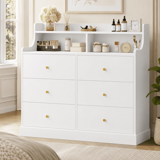 Zócalo Cómoda de 6 Cajones para Recámara, Cajonera para Ropa con Repisa Superior y Compartimentos Abiertos, 113 x 40 x 90 cm, MDF Blanco