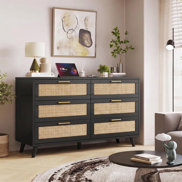 Zocalo Cómoda 6 Cajones de Madera Ratá, Tiradores Dorados,Patas Robustas, Moderna | Mesita de Noche Armario de Dormitorio, Cómoda de Salón para Sala de Estar, 120*40*75CM, Negro