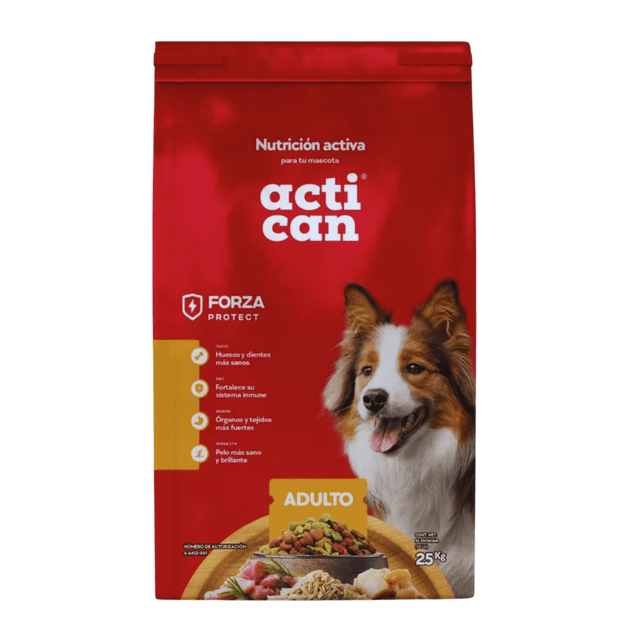 croquetas para perro actican adulto 25 kg bolsa roja frontal con logo Actican y texto 'Nutrición activa', sello Forza Protect, fotografía de un perro adulto y plato con croquetas; vista centrada del empaque, indicado como alimento para perro adulto.