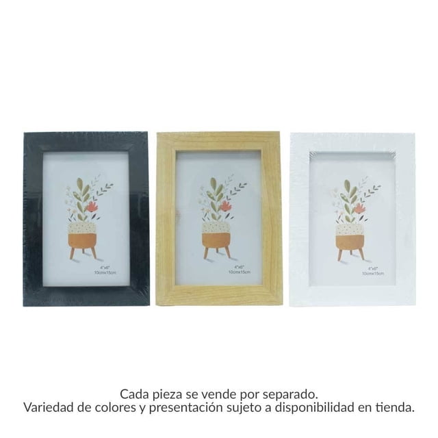 marco de fotos prichos rectangular varios modelos 10 x 15 cm 1 pieza Vista frontal centrada de tres marcos 10 x 15 cm en acabados negro, madera y blanco con bordes planos y un inserto con ilustración floral; formato vertical compacto para exhibir en mesa o repisa, compatible con retratos familiares. Envío según modelo disponible.