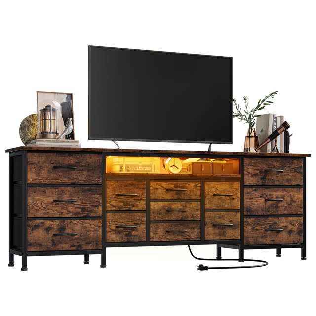 QinaQin Mueble para TV de 70 pulgadas con cajones, contacto eléctrico y luz LED, centro de entretenimiento para pantallas de 65, 75 y 80 pulgadas
