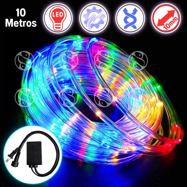 manguera navideña decorativa luz led multicolor 10 metros dosyu dy-ice10m-mt. Enrollado frontal de manguera de silicón transparente con LEDs multicolor (azul, verde, rojo, amarillo) visibles, cable fino y flexible; adaptador negro mostrado; texto en imagen indica 10 m y 10 mm; manguera con protección IP65 y recortable cada metro; adecuada para decorar interiores y exteriores si el conector se protege; también suitable for iluminar jardines y eventos.