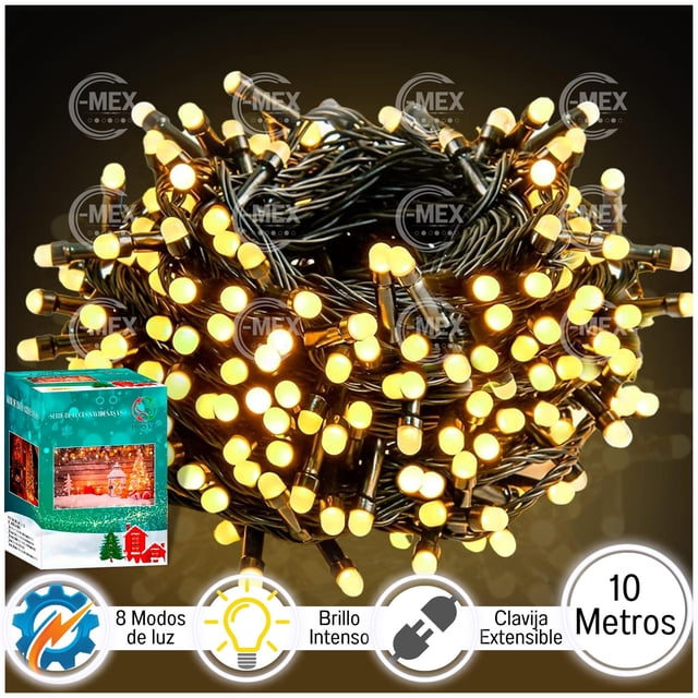 luces navideñas dosyu serie blanco calido 200 leds 10 metros dy-ice200l-v8 rollo de guirnalda LED de 10 metros con 200 LEDs en tono blanco cálido, vista frontal centrada del haz enrollado mostrando la iluminación cálida. Detalles verificables: cable oscuro flexible, casquillos plásticos junto a cada LED, caja del producto en la esquina inferior izquierda y pictogramas que indican 8 modos de luz, brillo intenso y clavija extensible. Fondo oscuro para resaltar la luz; ideal para decoración navideña en árboles, cortinas o patios.