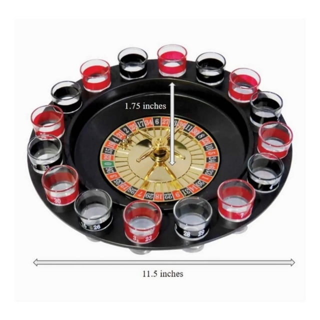 set de juego de ruleta Casino 16 tiros con capacidad de 180 ml, vista superior; ruleta circular negra con plato dorado marcado del 0 al 36, 16 vasos numerados colocados alrededor (rojos y transparentes), base negra y dos bolitas, material plástico y vidrio, cada vaso capacidad 180 ml.