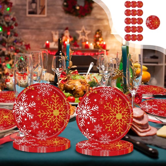Set de vajilla de Navidad con copos de nieve rojos - platos, vasos y servilletas de papel desechables de 16 piezas - platos de 7 y 9 pulgadas