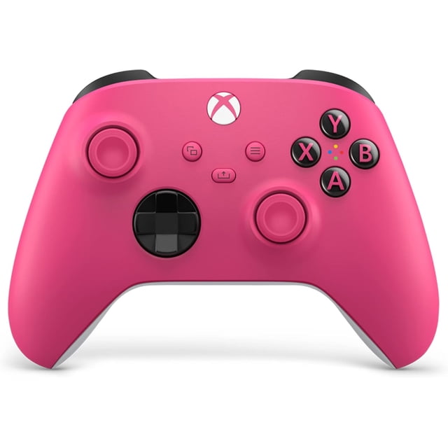 control para xbox wireless deep pink, series xs, gamepad inalámbrico rosa intenso para Xbox Series S y One con botones A/B/X/Y visibles, cruceta direccional negra, joysticks frontales y botón Xbox central; especificado con USB y Bluetooth, incluye pilas; también suele usarse para juego portátil y streaming local.