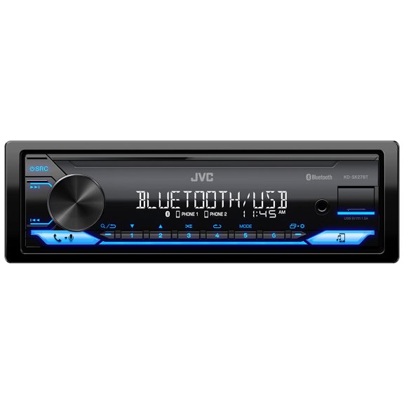 JVC KD-SX27BT Estéreo para automóvil con Bluetooth, receptor de medios digitales de 100 W, USB de 1,5 A para cargar dispositivos, unidad principal DIN única, AM/FM, entrada auxiliar, aplicación remota