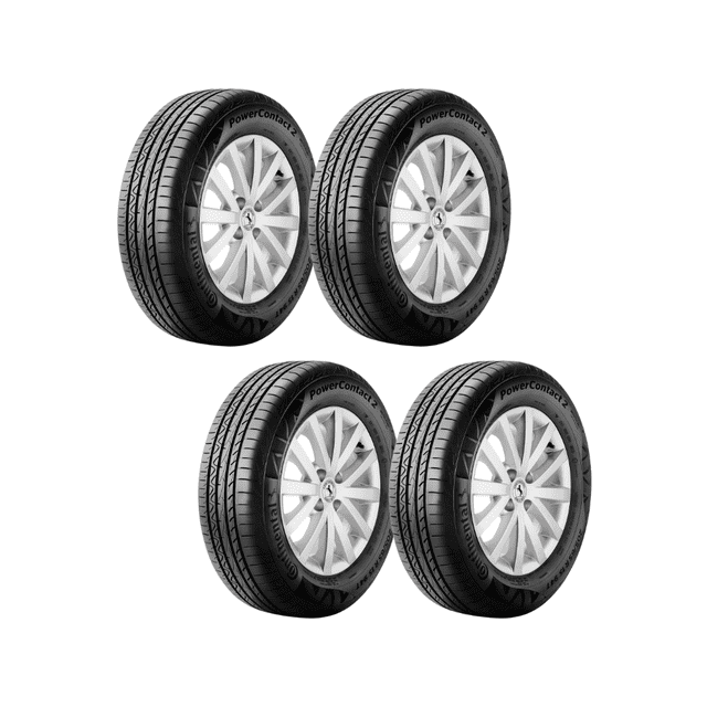 paquete de 4 llantas 205/60 r16 92h continental powercontact 2 cuatro llantas negras 205/60 R16 92H Continental PowerContact 2 en vista frontal y 3/4 sobre rines plateados; banda de rodamiento con sílica visible, ranuras longitudinales y siping para mejor tracción y frenado en piso mojado, flancos con inscripción Continental y PowerContact 2 y estructura reforzada para mayor resistencia. También suelen usarse para equipar vehículos compactos en viajes cortos.