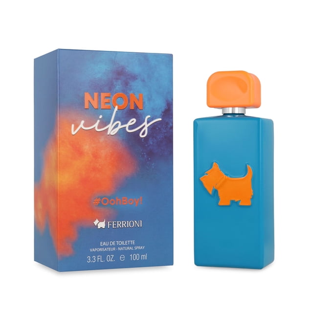 ferrioni neón ooh boy! 100ml edt spray Fragancia caballero 100 ml, frasco rectangular azul con tapa naranja y logo de perro en relieve junto a caja azul con efecto nebuloso naranja y morado que muestra el texto "NEON vibes". Vista frontal sobre fondo blanco; familia olfativa fresco especiado y notas indicadas: bergamota, ron y cedro; a menudo se lleva en viajes por su tamaño.
