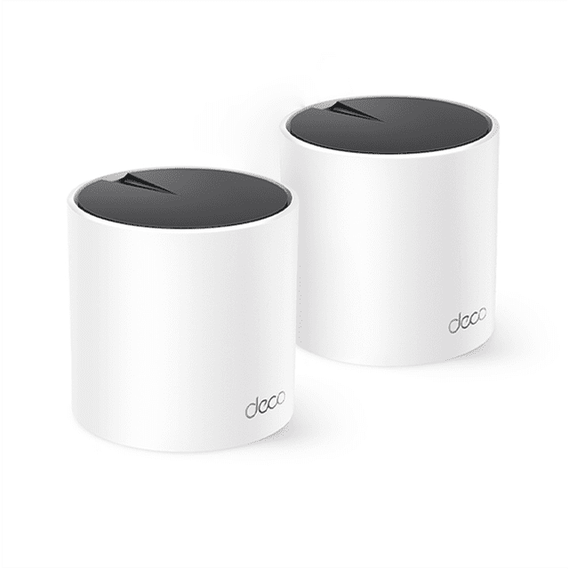deco x55 tp-link sistema wi-fi 6 mesh doble banda ax3000 3000 mbps (2-pack) tp-link deco x55 2pack Dos nodos cilíndricos blancos en vista 3/4; tapas superiores gris oscuro con detalle facetado, superficie mate, logotipo 'deco' en la base y diseño compacto. Sistema mesh Wi‑Fi 6 AX3000 para ampliar cobertura doméstica con puertos Ethernet integrados; también adecuado para configurar una red local en oficinas pequeñas.