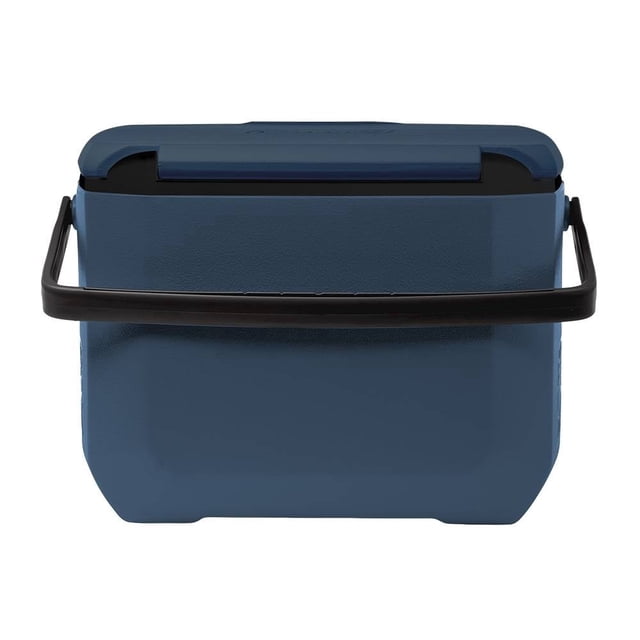 hielera coleman 16 qt azul, vista frontal centrada con tapa abatible y asa negra elevada; silueta rectangular con bordes redondeados, superficie EZ-Clean y textura lisa, capacidad para 16 latas y aislamiento TempLock que conserva la temperatura por horas; suele usarse para llevar bebidas en camping, playa o viajes por carretera.