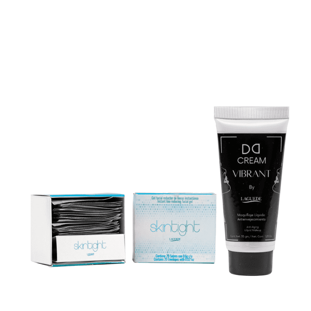 crema tensora de arrugas laguede gel tensor arrugas Tubo DD Cream negro con tapa negra a la derecha, caja azul claro "skintight" y contenedor abierto con sobres plateados a la izquierda; vista frontal sobre fondo blanco. Según especificaciones: tensa arrugas y desinflama bolsas en 2 minutos, duración aprox. 7 horas, humectante y unifica el tono. Suele usarse para suavizar la zona antes del maquillaje.