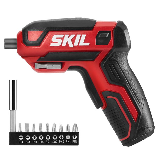 destornillador inalámbrico skil recargable de 4 v con 9 puntas sd561801 destornillador tipo pistola rojo y negro, vista lateral derecha con agarre ergonómico texturizado y gatillo; incluye soporte con 9 puntas y adaptador magnético y cable de carga micro-USB; adecuado para mantenimiento ligero y ensamblaje en espacios estrechos.