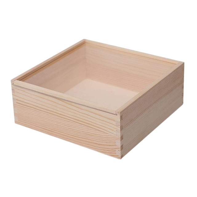 caja de madera organizadora de almacenamiento de joyas con tapa caja de joyería cajas de madera portátiles 20cmx20cmx8cm Caja cuadrada 20 x 20 x 8 cm en madera sin terminar con tapa acrílica extraíble, vetas naturales y superficie lisa; vista en ángulo que muestra las uniones y el interior vacío, adecuada para organizar anillos, collares y proyectos de manualidades, y a menudo usada también como exhibidor o caja de regalo personalizada.