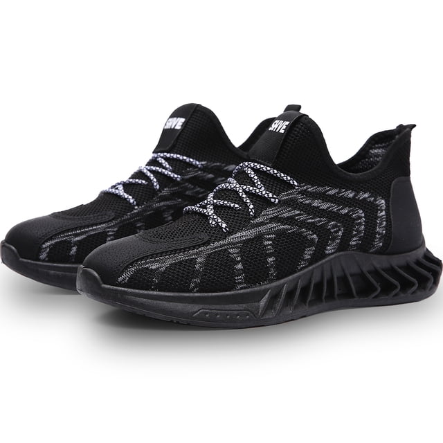 tenis hombre, zapatos hombre deportivos, zapatos de malla transpirable para hombre, zapatillas de deporte casuales de moda para entrenamiento caminar correr gimnasio con suela antiderrapante Par de tenis negros Shendy Vendy en vista 3/4 frontal. Silueta deportiva de malla transpirable con patrón de hilo gris, cordones redondos bicolor, lengüeta con etiqueta y tirador en el talón; suela negra antiderrapante con diseño de tracción y entresuela esculpida y ligera. Adecuados para caminar, correr y entrenar; también suelen usarse para viajes y uso casual.