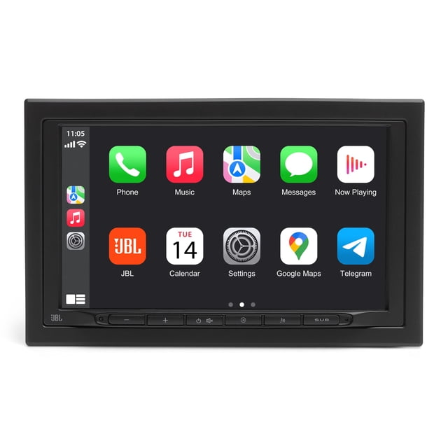 estéreo para coche jbl legend 700 con pantalla táctil inalámbrica carplay android de 7 pulgadas vista frontal centrada de unidad 2 DIN con pantalla capacitiva de 7" mostrando interfaz CarPlay, marco negro rectangular y fila de botones físicos frontales para volumen y control de subwoofer; logotipo JBL en la esquina inferior izquierda, fondo blanco de estudio; suele usarse como opción para actualizar sistemas estéreo de fábrica.