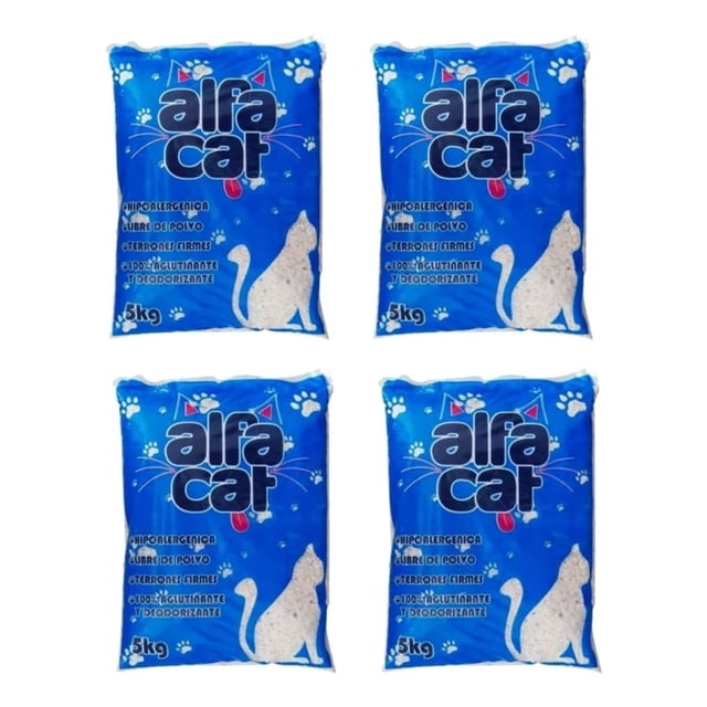 arena para gato alfa cat de 24 kg Pack que muestra cuatro bolsas azules del producto Alfa Cat; logo 'alfa cat' grande y silueta de gato blanca en cada saco, etiquetado visible indica 5 kg por saco; arcilla natural e hipoalergénica según especificaciones.