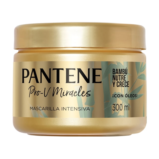 mascarilla intensiva pantene pro-v miracles bambú nutre & crece 300 ml frasco dorado frontal, vista centrada con tapa a rosca y etiqueta dorada y verde que muestra el logo Pantene Pro‑V Miracles, texto 'Bambú Nutre y Crece' y '300 ml', presentada como tratamiento capilar para fortalecimiento y uso como mascarilla o acondicionador según necesidad.