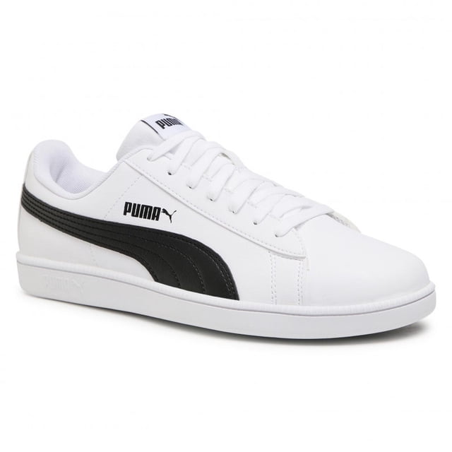 tenis puma up white black unisex blanco 25.5 puma 372605 02 Tenis PUMA blanco y negro en vista 3/4 lateral, perfil bajo con franja curva negra y logotipo PUMA en el costado; parte superior sintética blanca, cierre con cordones y lengüeta acolchada; suela de goma y espuma blanca para tracción y pisadas suaves, recomendado para uso casual y también apto como zapatilla deportiva ligera para paseo.