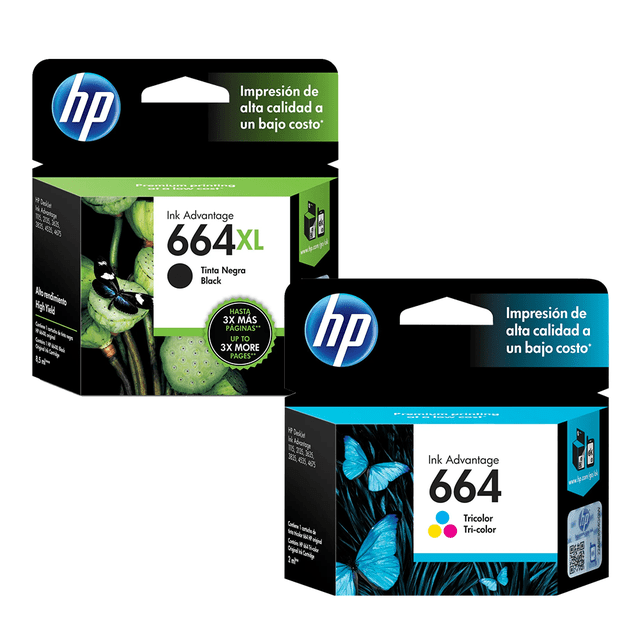 tinta hp 664xl negra original + 664xl tricolor original Paquete con cartucho negro 664XL y cartucho tricolor 664 en vista 3/4; logotipo HP en la pestaña superior, rótulos 664XL/664 legibles y texto de empaque “Impresión de alta calidad a un bajo costo”, ilustraciones decorativas en frontal, compatible con modelos HP DeskJet y OfficeJet listados, orientado a rendimiento de impresión y texto nítido.