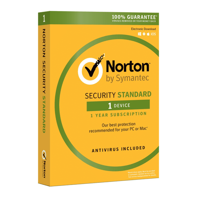 tarjeta norton security gs 1 disp 1 año descarga electrónica para 1 dispositivo; caja frontal amarilla con el logo Norton by Symantec, texto "Security Standard" y "1 year subscription" y leyenda "Antivirus included", diseñada para protección antivirus y seguridad en línea.