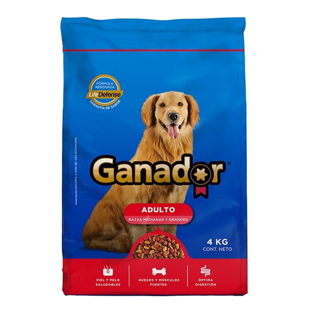 alimento para perro ganador adulto razas medianas y grandes 4 kg bolsa azul con logo Ganador y perro golden retriever sentado; etiqueta roja "Adulto razas medianas y grandes", contiene omegas 3 y 6, proteínas de alta digestibilidad y prebióticos y probióticos para favorecer la digestión; seco, muestra íconos de piel y pelo saludables, huesos y músculos fuertes y óptima digestión. A menudo usado para complementar la ración diaria de perros adultos medianos y grandes.