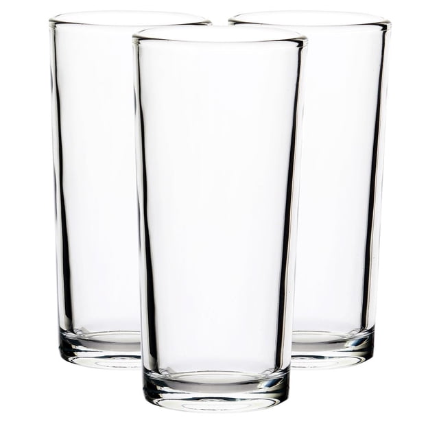 juego de 20 vasos cuberos de vidrio cristal para banquete o restaurante mayoreo 280ml vittori vista frontal centrada de tres vasos transparentes de cuerpo recto y base sólida, vidrio liso y borde redondeado, diseño minimalista apto para banquetes y servicio en restaurantes; capacidad 280 ml, fácil de limpiar y adecuado para servir aguas o refrescos en eventos.