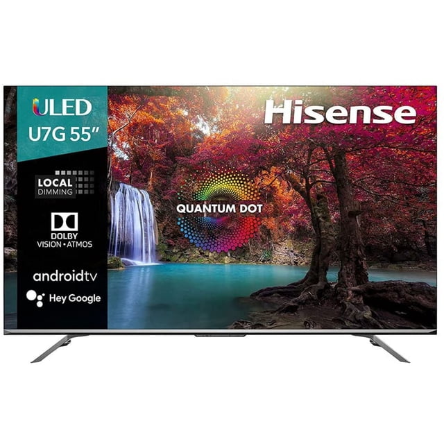smart tv hisense 55 pulgadas uled 4k ultra hd 55u7g televisor negro 55" vista frontal con biseles delgados y peanas metálicas; pantalla muestra paisaje vívido que resalta Quantum Dot, Full Array Local Dimming, Dolby Vision y Dolby Atmos, con Android TV y conectividad HDMI, Bluetooth y Wi‑Fi; también suele usarse como monitor de entretenimiento y gaming doméstico.