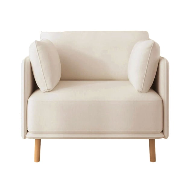 sillón milán beige Sillón de sala moderno y minimalista en tapizado beige, vista frontal centrada con forma cuadrada y compacta, apoyabrazos bajos y rectos, cojines de respaldo ligeramente acolchados y dos cojines laterales, patas altas y delgadas de madera clara; también suele usarse como asiento auxiliar en rincones pequeños.