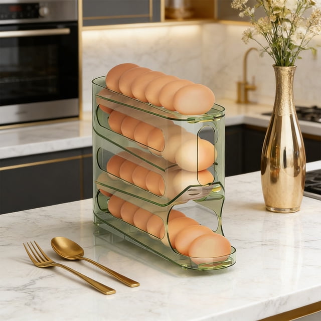 CaiYueKe Rolling Egg Organizer for Refrigerator Slide Type Egg Storage Container Egg Holder Rack Tray with Auto Rolling Dispenser Kitchen Countertop Fridge Organizer Plastic Egg Box Crate Carton
