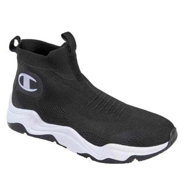 tenis champion hyper c raw para hombre. ca02517001 negro 26 Botín de tobillo medio negro con malla tejida y parte superior de fusión en caliente, cuello acanalado con tiradores en bucle, logo Champion bordado en tobillo y antepié, suela exterior acanalada blanca y negra para tracción; también suele usarse como zapatilla casual de estilo urbano.