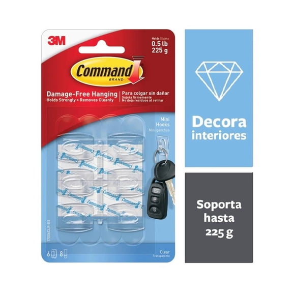Gancho 3M Command Transparentes Mini 6 pzas y 8 tiras