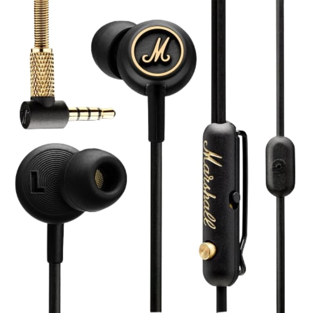 auriculares intraurales marshall mode eq con cable, color negro y latón; audífonos in ear negros con logo M en latón, cable plano, conector jack 3.5 mm en ángulo chapado en latón, control en línea con micrófono y interruptor EQ. Incluye puntas intercambiables para ajuste de canal auditivo; también suelen usarse para llamadas y reproducción portátil.