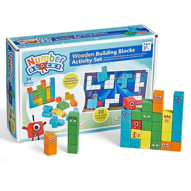 set de bloques de madera para actividades hand2mind numberblocks 39 piezas, caja frontal y bloques montados en vista 3/4 con pilas y formas 3D; bloques cuadrados azules, verdes, amarillos y naranjas con caras impresas, arte del empaque muestra tarjetas de actividad y bolsa de almacenamiento, ideal para contar, sumar y crear figuras en actividades preescolares.