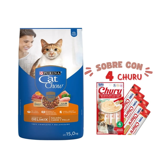 cat chow delimiix defense plus 15 kg + churu atún con cangrejo sobre con 4 tubos de 14 g bolsa azul de 15 kg Cat Chow Delimix Defense Plus para gatos adultos, vista frontal con imagen de un gato y leyendas de salmón, carne y pollo; a la derecha, sobre de Churu atún con cangrejo que muestra cuatro tubos cremosos de 14 g. Indica alimentación balanceada, alta hidratación y soporte para músculos fuertes; también es apto como snack húmedo para premiar al gato.