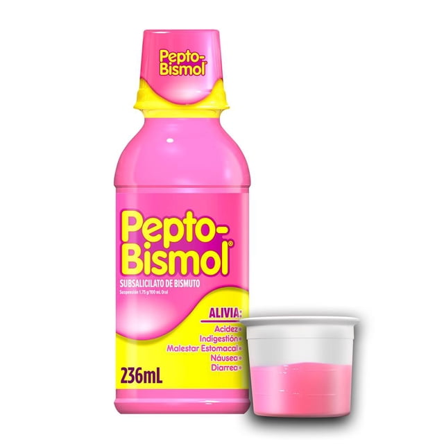 pepto-bismol suspensión alivio para el malestar estomacal sabor original 236 ml botella frontal rosa y amarillo con vaso dosificador que contiene líquido rosado; etiqueta indica alivio para acidez, indigestión, náusea y diarrea y muestra dosis para adultos y niños mayores de 12 años 30 ml.