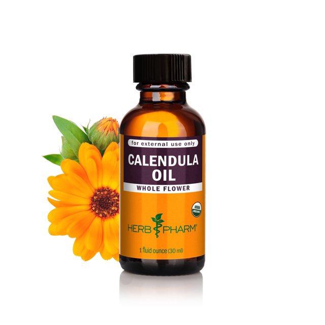 aceite de caléndula herb pharm certificado orgánico, 30 ml botella ámbar frontal etiquetada con "Calendula Oil Whole Flower"; envase de 1 fl oz (30 ml) con tapa negra, flor de caléndula a la izquierda, indicado para uso tópico y a menudo usado para masaje y cuidado tópico de la piel, marca Herb Pharm visible.