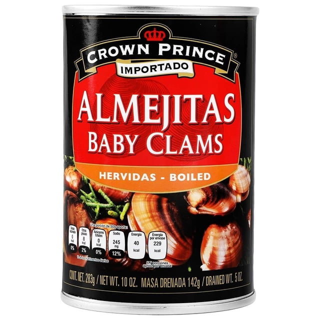 almejitas crown prince hervidas 283 g lata frontal con etiqueta roja y negra, logo Crown Prince y texto "ALMEJITAS BABY CLAMS" y "HERVIDAS - BOILED", fotografía de almejas en primer plano; conserva en lata indicada para salsas y sopas, también usada como botana marina.