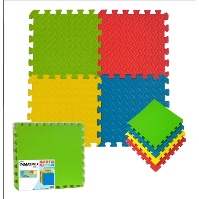 tapete foamy fomi piso seguridad educativo colores 24pz inmatmex Set de 4 losetas EVA 60 x 60 cm, grosor 1.0 cm, vista frontal 3/4 con losetas encajables multicolor (rojo, azul, amarillo, verde) y patrón en relieve antideslizante, empaque con etiqueta INMATMEX visible. ideal para áreas infantiles, juegos y gimnasios domésticos; también suele usarse como base acolchada para actividades de estimulación temprana.