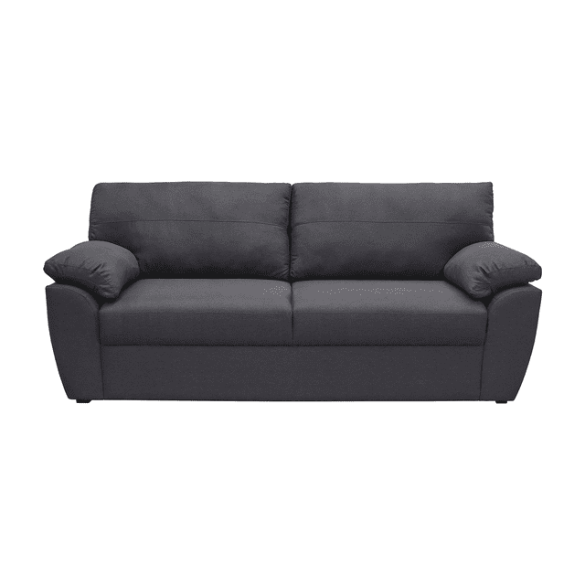 sofá 3 plazas sefora, atlas del descanso color gris, vista frontal centrada: sofá de tres plazas tapizado en tela linato gris con brazos almohadillados, respaldos divididos y asientos amplios rellenos de espuma de alta densidad; patas bajas y fondo blanco; ideal para sala o visitas y a menudo usado como asiento adicional en áreas de espera.