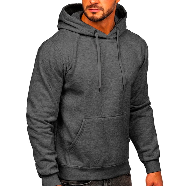 sudadera para hombre shendy vendy con capucha hoodie Gris Oxford, vista frontal 3/4 de torso masculino con capucha puesta, bolsillo canguro y cordón ajustable; tejido cepillado 100% poliéster lavable a máquina, mangas con dobladillo reforzado, pensada para uso casual o actividad ligera como salir o relajarse.