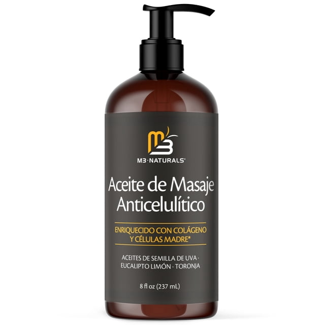aceite de masaje anticelulítico m3 naturals, reafirmante de la piel con colágeno y células madre, aceite corporal eliminador de celulitis, 240ml — botella ámbar con dispensador tipo bomba y etiqueta negra con logo M3 Naturals; destaca colágeno, células madre y aceites de semilla de uva, eucalipto, limón y pomelo; indicado para masajes en muslos, caderas y abdomen, ayuda a reducir la apariencia de celulitis y se absorbe rápidamente.