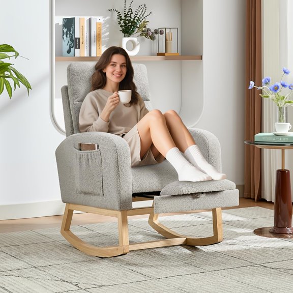 Yeshouse Mecedora mecedora para guardería con reposapiés ajustable, respaldo alto, suave acolchado, dos bolsillos laterales, patas de madera maciza, cómodo sillón para sala de estar y dormitorio