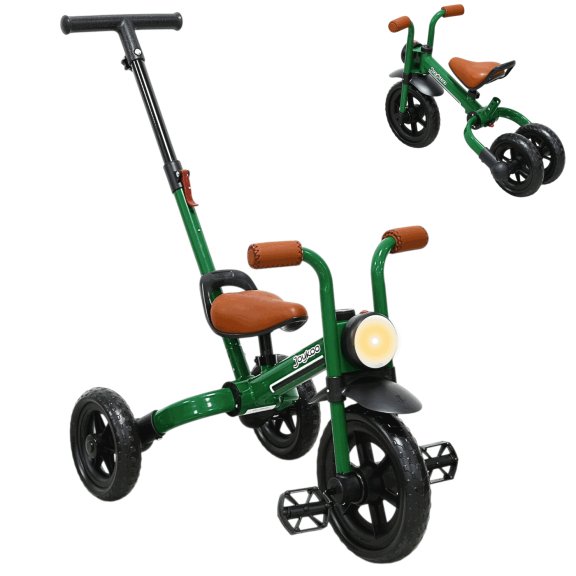 Triciclo 3 en 1 para Niños con Bastón, Bici y Bicicleta de Balance Plegable Torreta con Luz Soporta hasta 25 kg - Verde