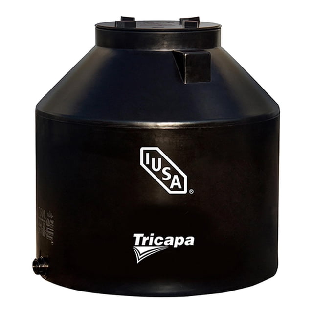 tinaco iusa 450 l tricapa negro frente centrado, vista frontal del tinaco 450 litros de polietileno negro con cuello cónico y tapa hermética; logotipo IUSA y texto "Tricapa" visibles en el cuerpo, salida lateral inferior; especificado con capa antibacterial y estabilizador UV según ficha, también suele usarse para almacenamiento de agua para riego o uso doméstico.